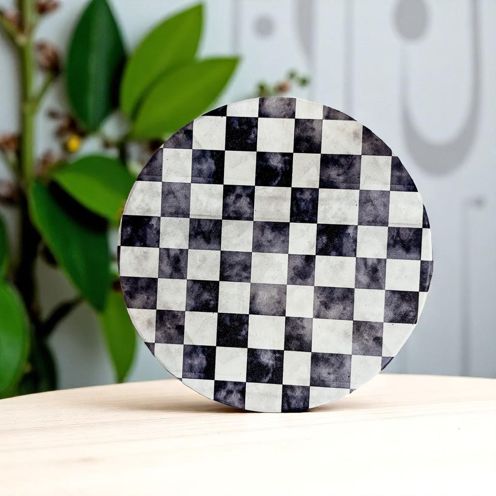 housewarming gift ceramic coasters courtly check gingham black white checkered floral pattern cork backing